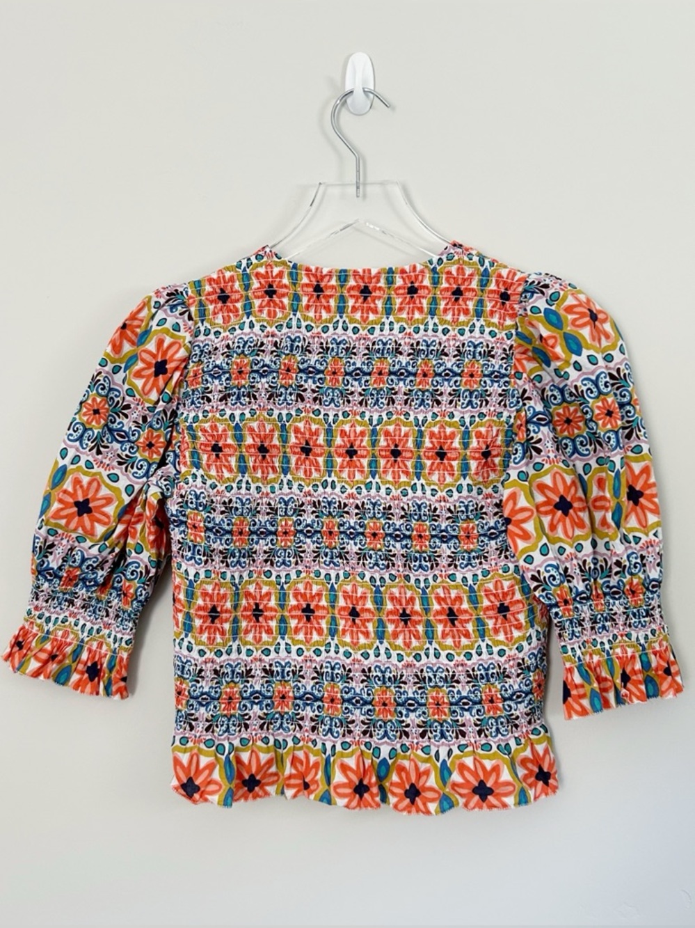 Boden Floral Print Ruched Smocked Puff Elbow Sleeve Blouse White Blue Size 8 - Picture 4 of 7